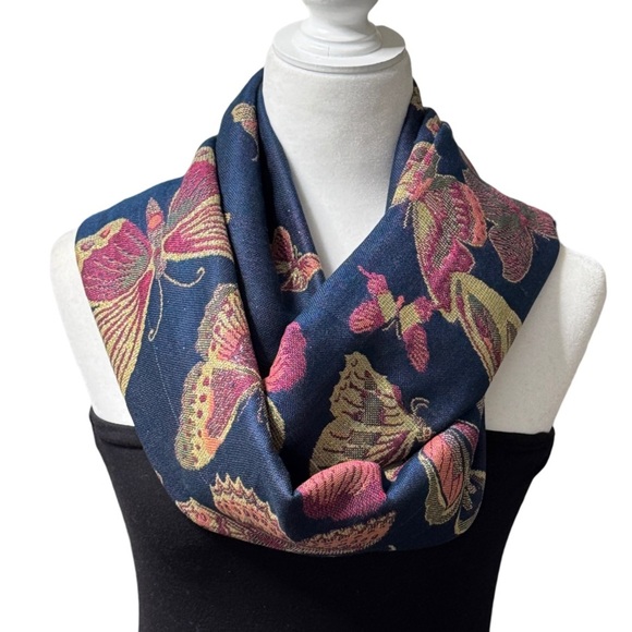 Blue Pink Fuchsia Gold Metallic Fringed Butterfly Shawl Wrap/ Scarf NEW - Picture 6 of 10